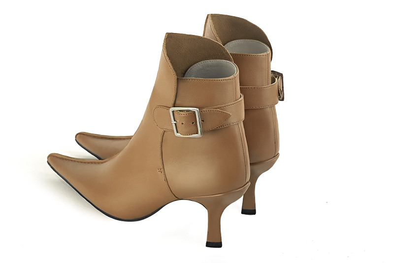 Camel beige women's ankle boots with buckles at the back. Pointed toe. High spool heels. Rear view - Florence KOOIJMAN